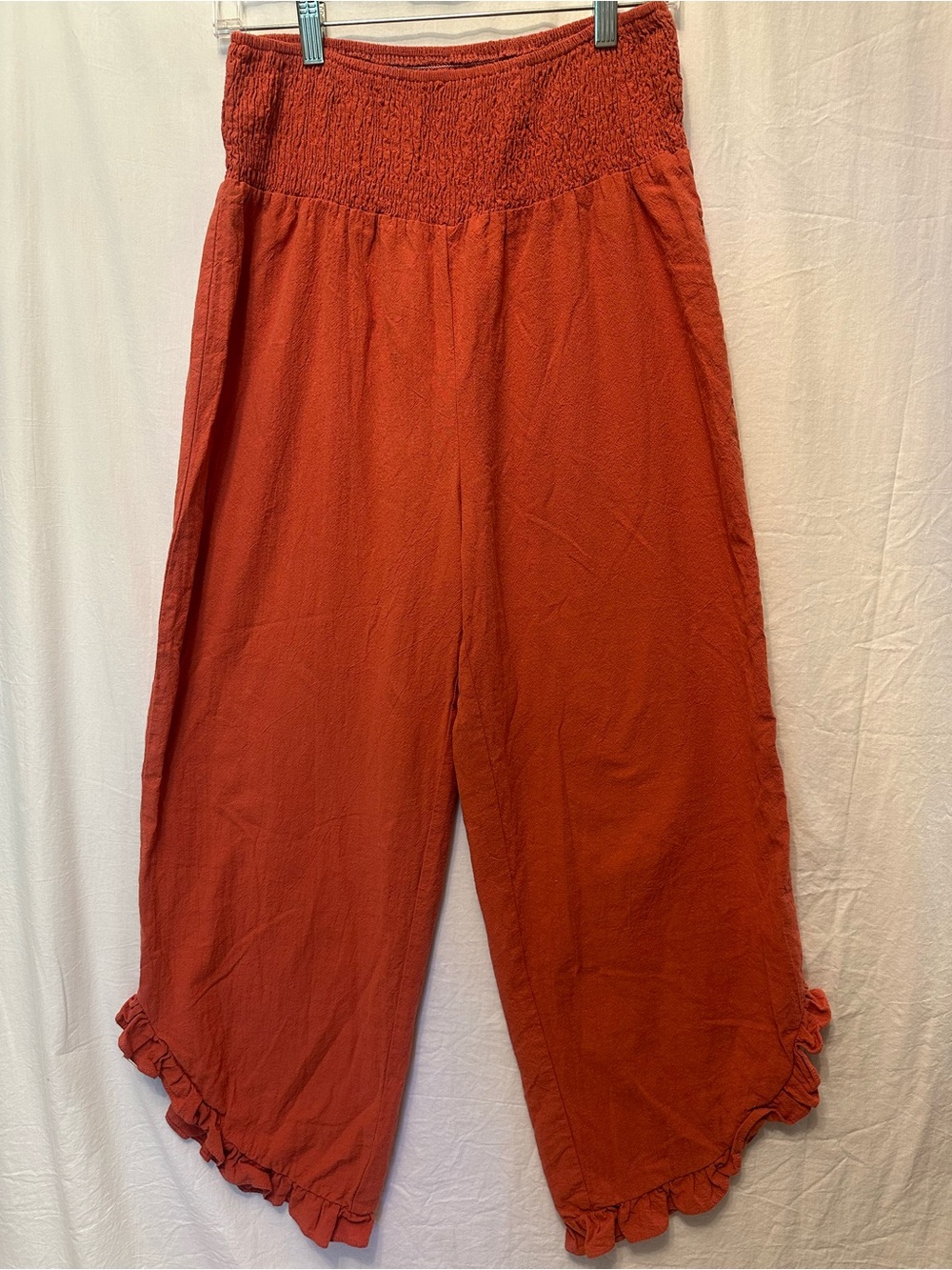 Cupshe Rust Orange Smocked Waist Ruffle Hem Wide Leg Pants Medium